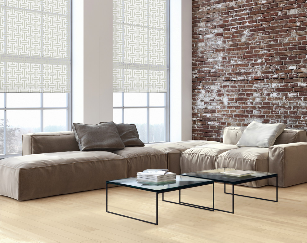 Modelo de sala de estar abierta industrial sin televisor con paredes rojas, suelo de madera clara y suelo beige