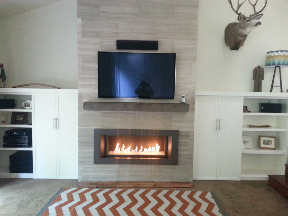 Mid-sized trendy carpeted and brown floor family room photo in San Francisco with white walls, a ribbon fireplace, a stone fireplace and a wall-mounted tv
