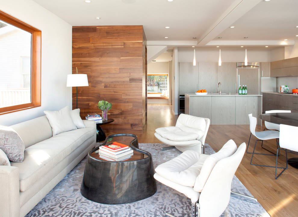 Esempio di un grande soggiorno moderno aperto con pareti bianche e pavimento in legno massello medio