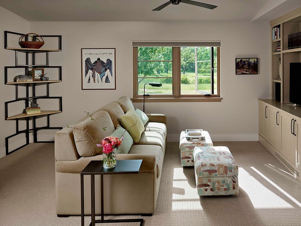 Cette image montre une salle de séjour design de taille moyenne et fermée avec un mur gris, moquette, un téléviseur indépendant et un sol gris.