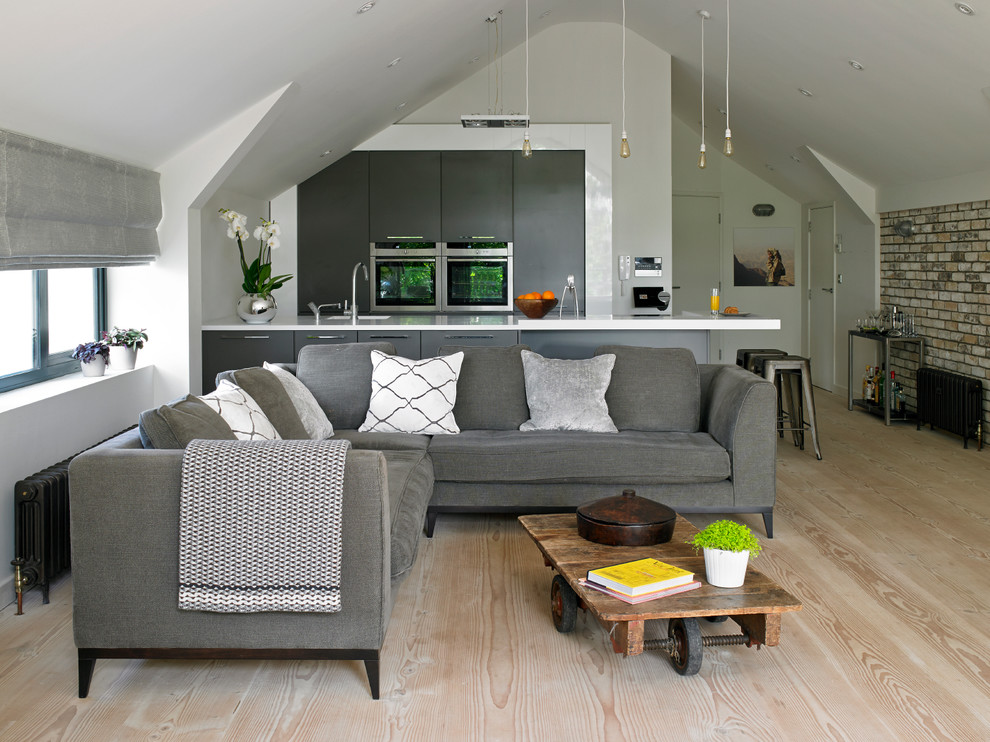Imagen de sala de estar actual sin chimenea y televisor con paredes blancas y suelo de madera clara