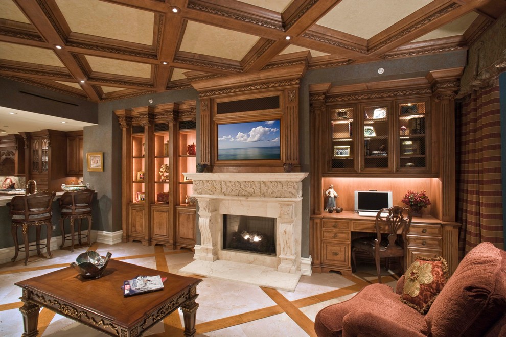 Cette image montre une salle de séjour traditionnelle ouverte avec une cheminée standard, un manteau de cheminée en pierre et un téléviseur fixé au mur.
