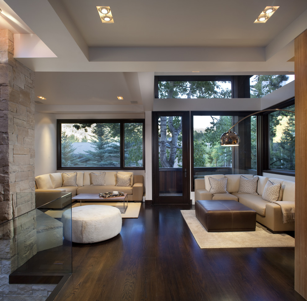 Идея дизайна: двухуровневая гостиная комната в современном стиле с темным паркетным полом и коричневым полом