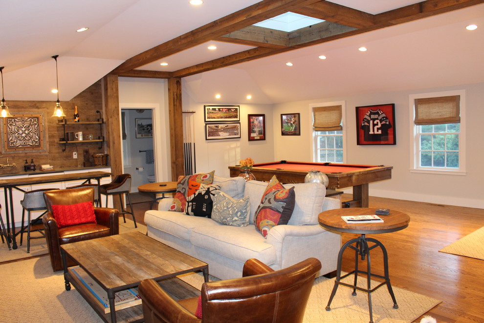 Inspiration for a medium sized traditional enclosed games room in Boston with a game room, grey walls, dark hardwood flooring, brown floors, a vaulted ceiling and exposed beams.
