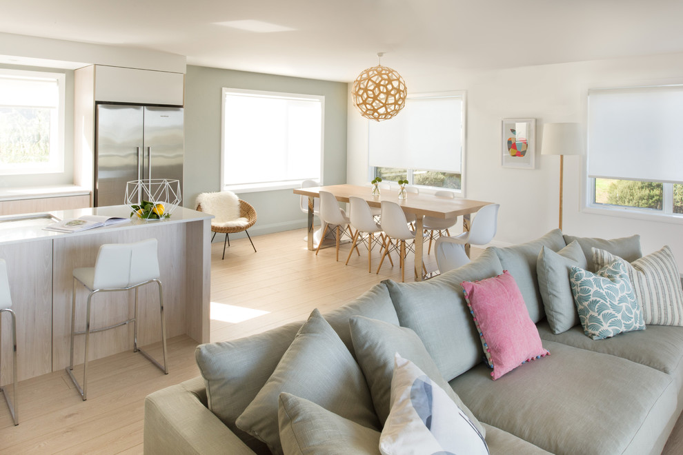 Mittelgroßes, Offenes Skandinavisches Wohnzimmer mit bunten Wänden, hellem Holzboden und freistehendem TV in Auckland