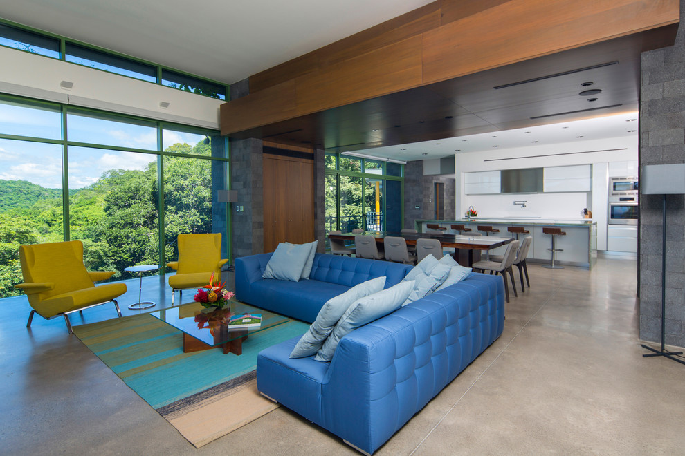 Пример оригинального дизайна: большая открытая гостиная комната в современном стиле с бетонным полом и серым полом без телевизора