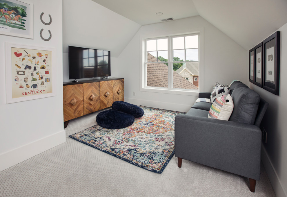 This is an example of a small classic open plan games room in Louisville with grey walls, carpet, a freestanding tv, no fireplace and white floors.