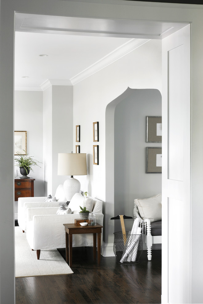 Inspiration for a transitional family room remodel in Chicago with gray walls