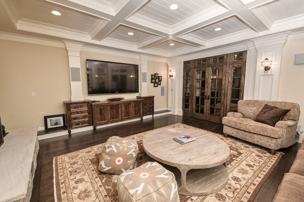 Design ideas for a large coastal enclosed games room in New York with beige walls, dark hardwood flooring, a stone fireplace surround and a built-in media unit.