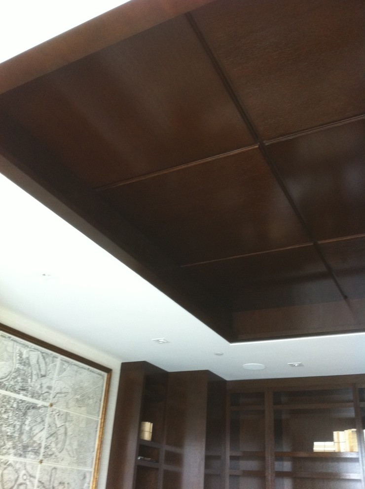 Inspiration for a large modern enclosed carpeted family room library remodel in Los Angeles with a media wall