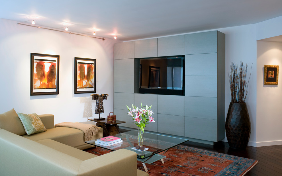 Идея дизайна: гостиная комната в современном стиле с темным паркетным полом и мультимедийным центром
