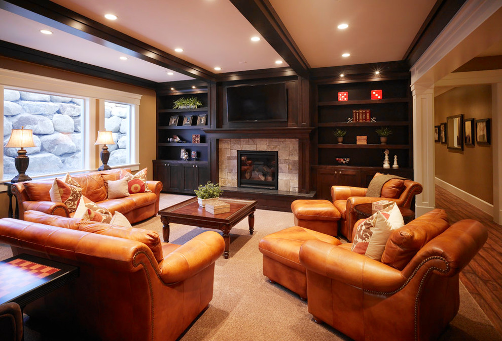 Inspiration for a large timeless open concept carpeted family room remodel in Salt Lake City with brown walls, a standard fireplace, a stone fireplace and a wall-mounted tv