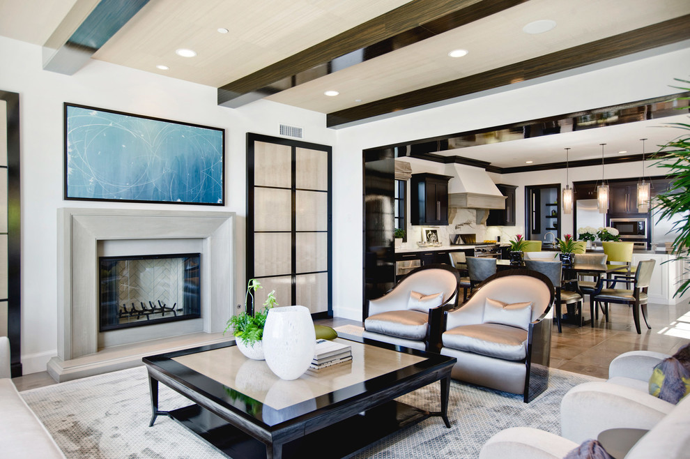 Inspiration for a classic open plan games room in Los Angeles with white walls and a standard fireplace.
