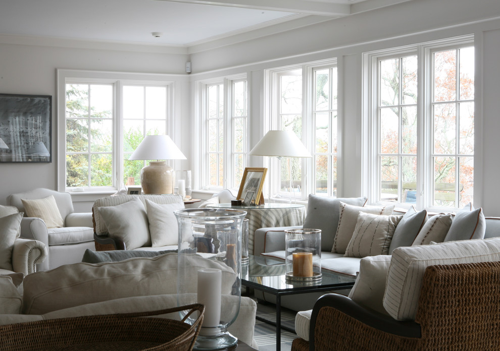 Traditional living room in Boston with white walls.