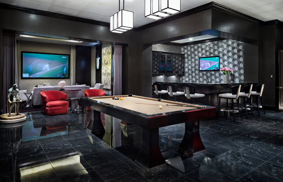 Design ideas for an expansive mediterranean open plan games room in Houston with black walls and a wall mounted tv.