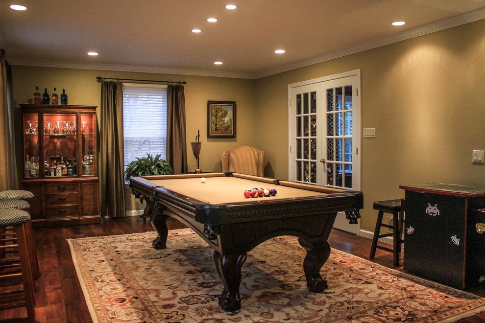 Inspiration for a medium sized traditional enclosed games room in Philadelphia with a game room, beige walls, dark hardwood flooring, no fireplace and no tv.
