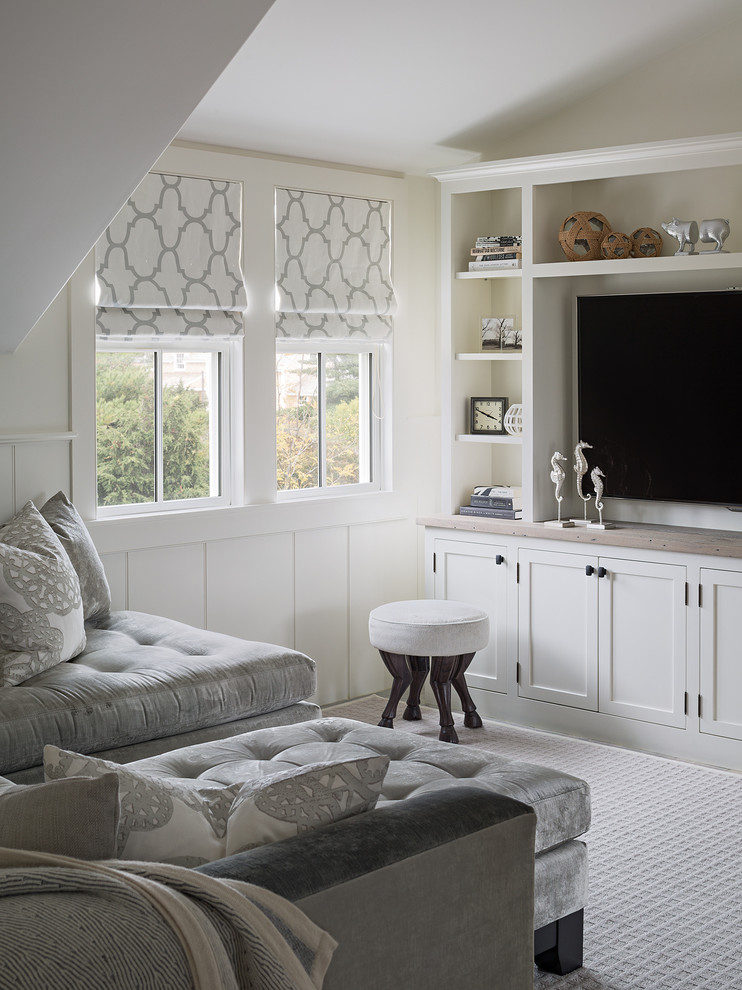 Inspiration for a small transitional family room remodel in Boston with white walls and a wall-mounted tv