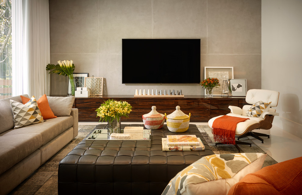 Inspiration for a mid-sized contemporary open concept family room remodel in Miami with a wall-mounted tv