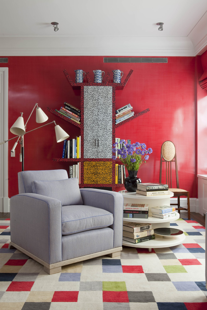 Inspiration pour une salle de séjour design avec un mur rose.