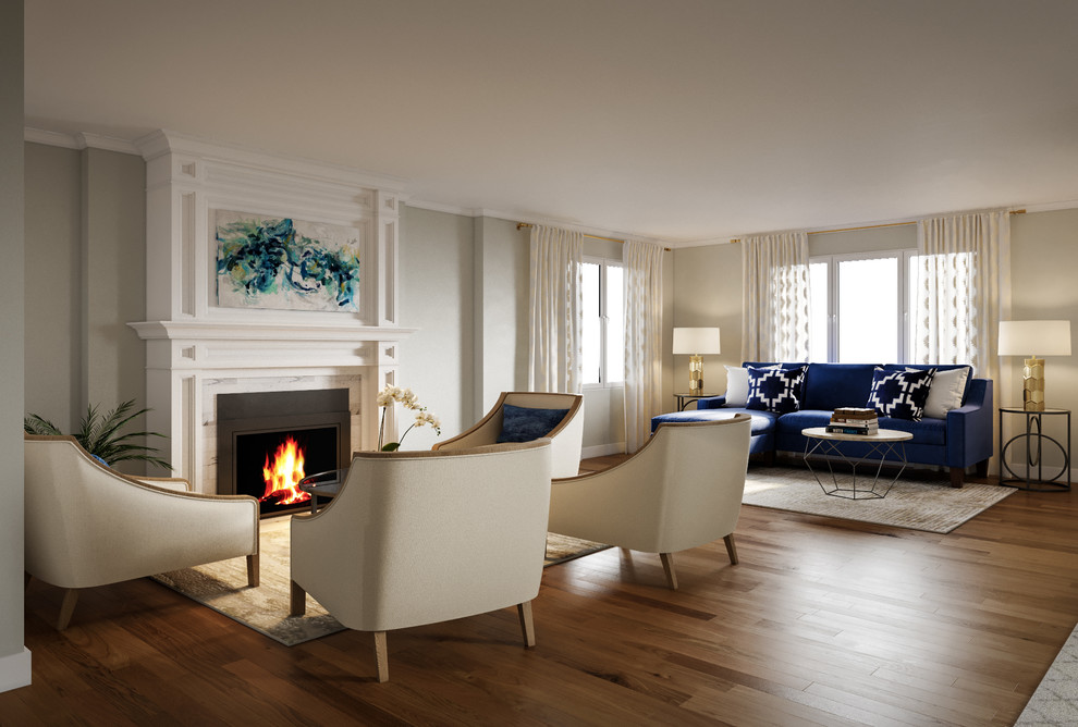 Mid-sized transitional open concept medium tone wood floor and brown floor family room photo in Houston with gray walls, a standard fireplace, a tile fireplace and no tv