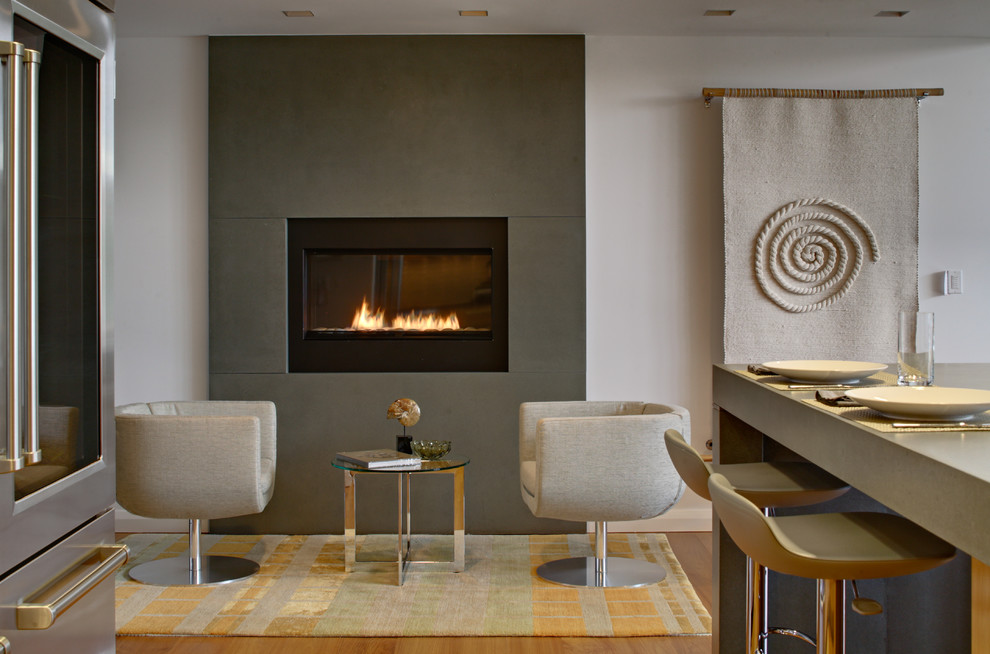 Стильный дизайн: гостиная комната в современном стиле с фасадом камина из бетона - последний тренд