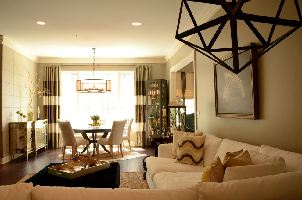 Свежая идея для дизайна: открытая гостиная комната среднего размера в современном стиле с серыми стенами и темным паркетным полом без камина, телевизора - отличное фото интерьера