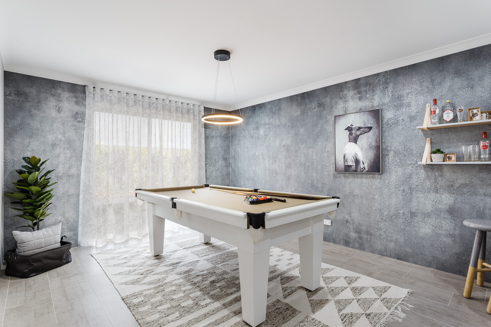 Medium sized contemporary open plan games room in Perth with grey walls, ceramic flooring and grey floors.