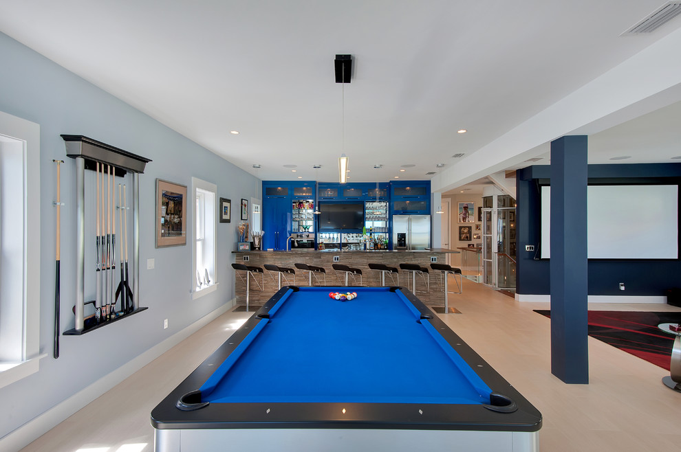 Photo of a contemporary open plan games room in Other with grey walls and light hardwood flooring.