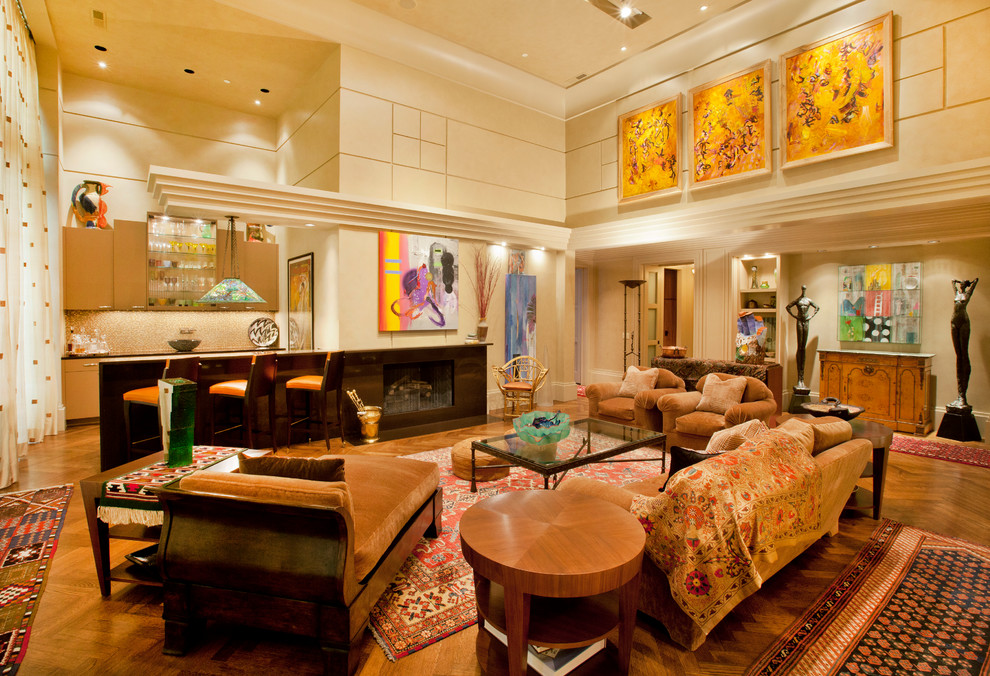 Свежая идея для дизайна: гостиная комната в современном стиле с домашним баром - отличное фото интерьера