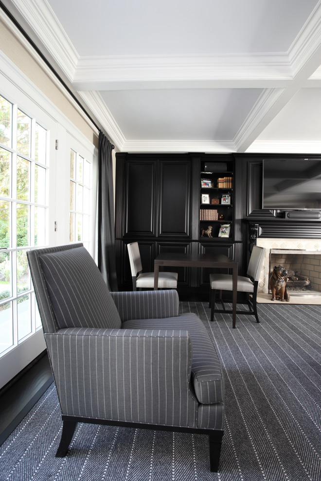 This is an example of a large contemporary enclosed games room in New York with yellow walls, carpet, a standard fireplace, a tiled fireplace surround and a wall mounted tv.