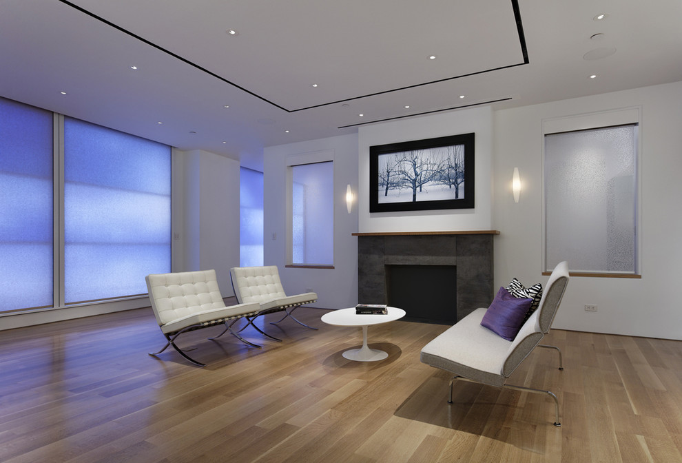 Cette image montre une salle de séjour design avec un téléviseur dissimulé.