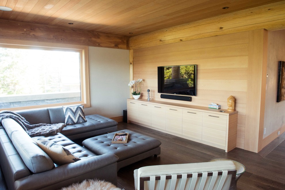 Inspiration for a mid-sized contemporary open concept medium tone wood floor family room remodel in Vancouver with white walls, no fireplace and a wall-mounted tv