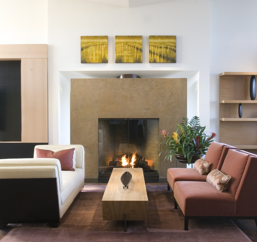 Inspiration for a contemporary games room in San Francisco with white walls, a standard fireplace and no tv.