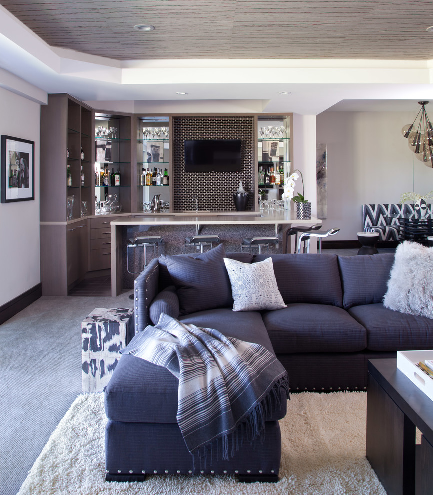Пример оригинального дизайна: открытая гостиная комната в современном стиле с домашним баром и ковром на полу