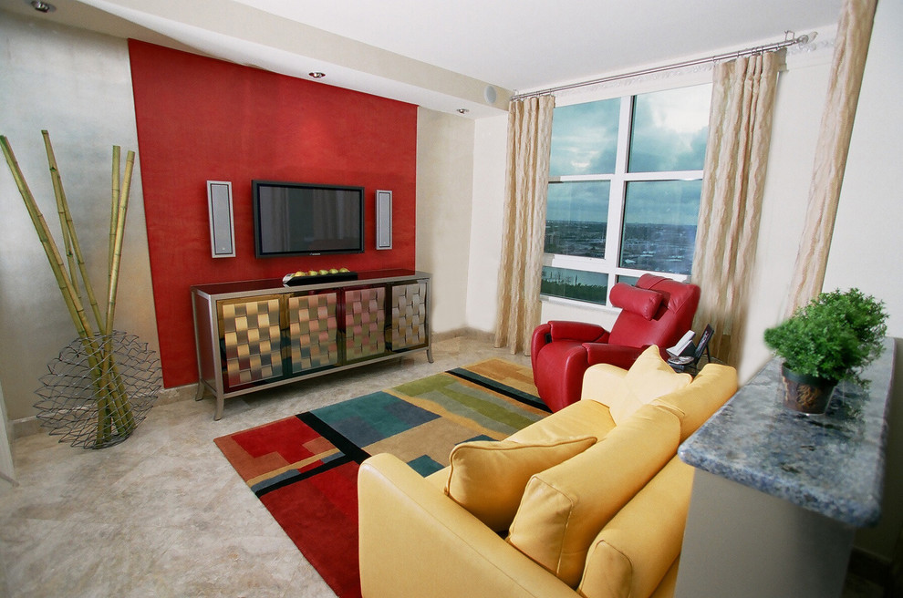 Mid-sized trendy open concept carpeted and beige floor family room photo in Atlanta with red walls, no fireplace and a wall-mounted tv