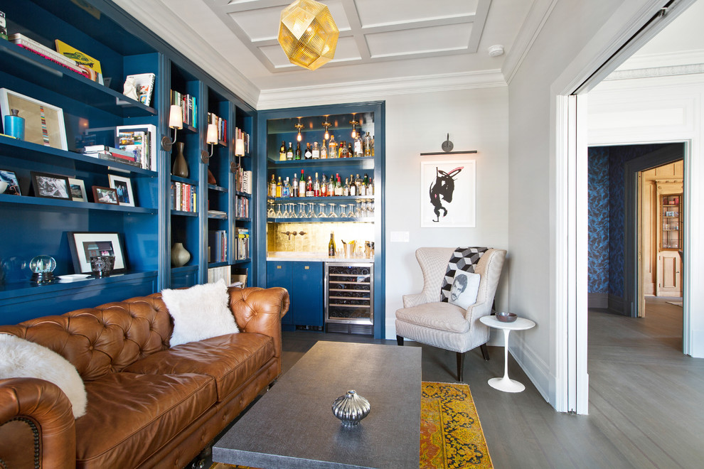 This is an example of a medium sized contemporary games room in San Francisco with a home bar.