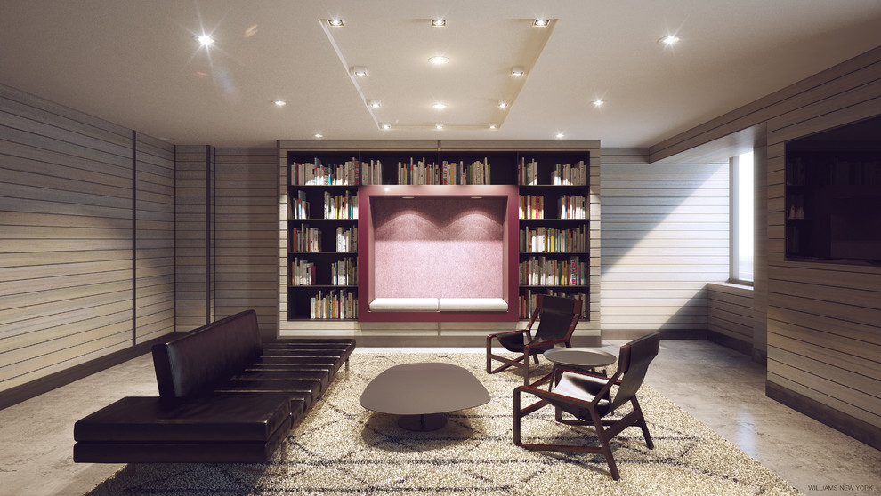 Идея дизайна: большая изолированная гостиная комната в современном стиле с с книжными шкафами и полками, серыми стенами и бетонным полом без камина, телевизора