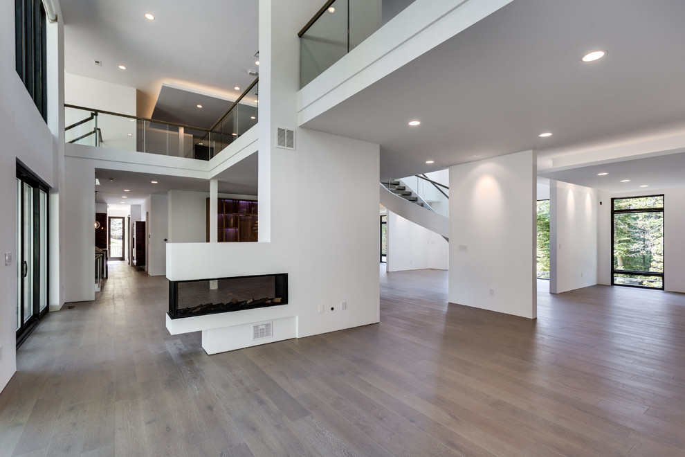 Family room - contemporary loft-style medium tone wood floor and gray floor family room idea in DC Metro with white walls and a two-sided fireplace