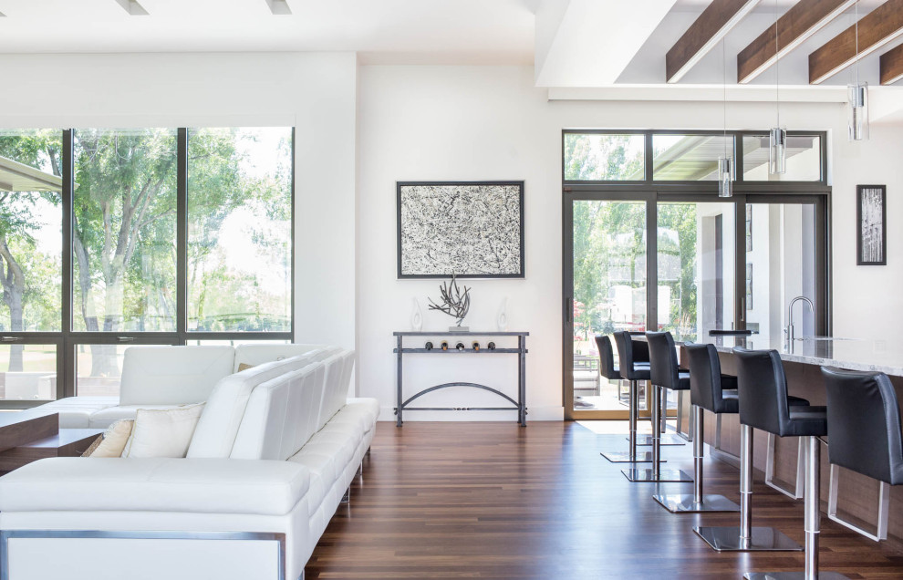Großes, Offenes Modernes Wohnzimmer mit weißer Wandfarbe, braunem Holzboden und braunem Boden in Sonstige