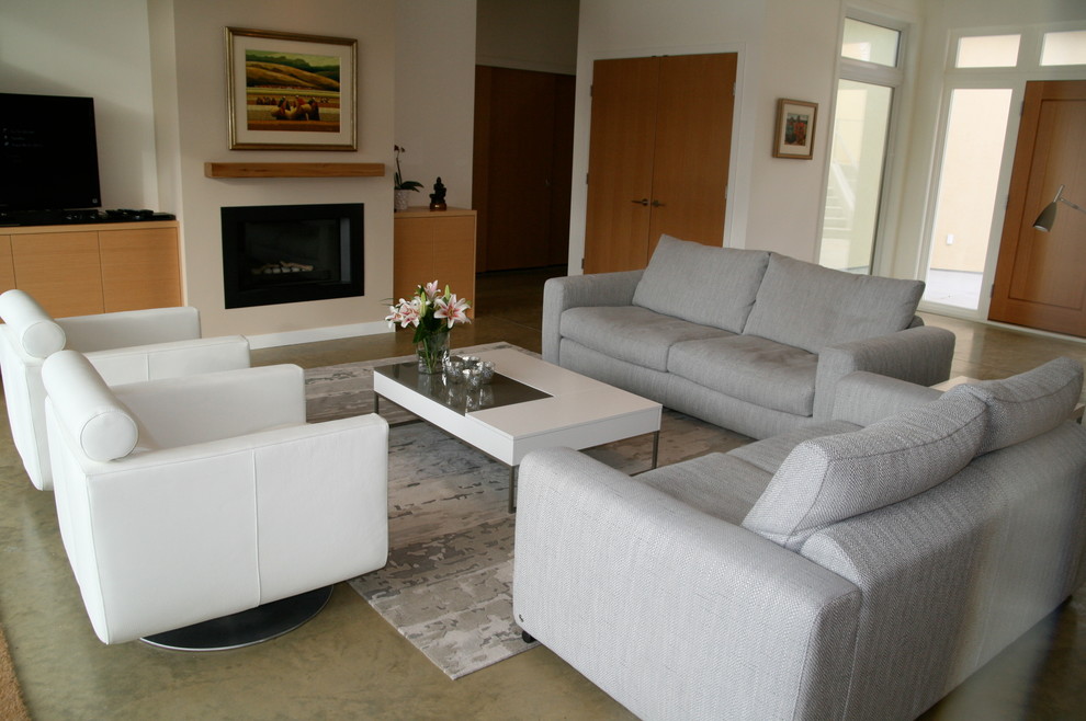 Источник вдохновения для домашнего уюта: гостиная комната в современном стиле с бежевыми стенами, бетонным полом, стандартным камином и отдельно стоящим телевизором