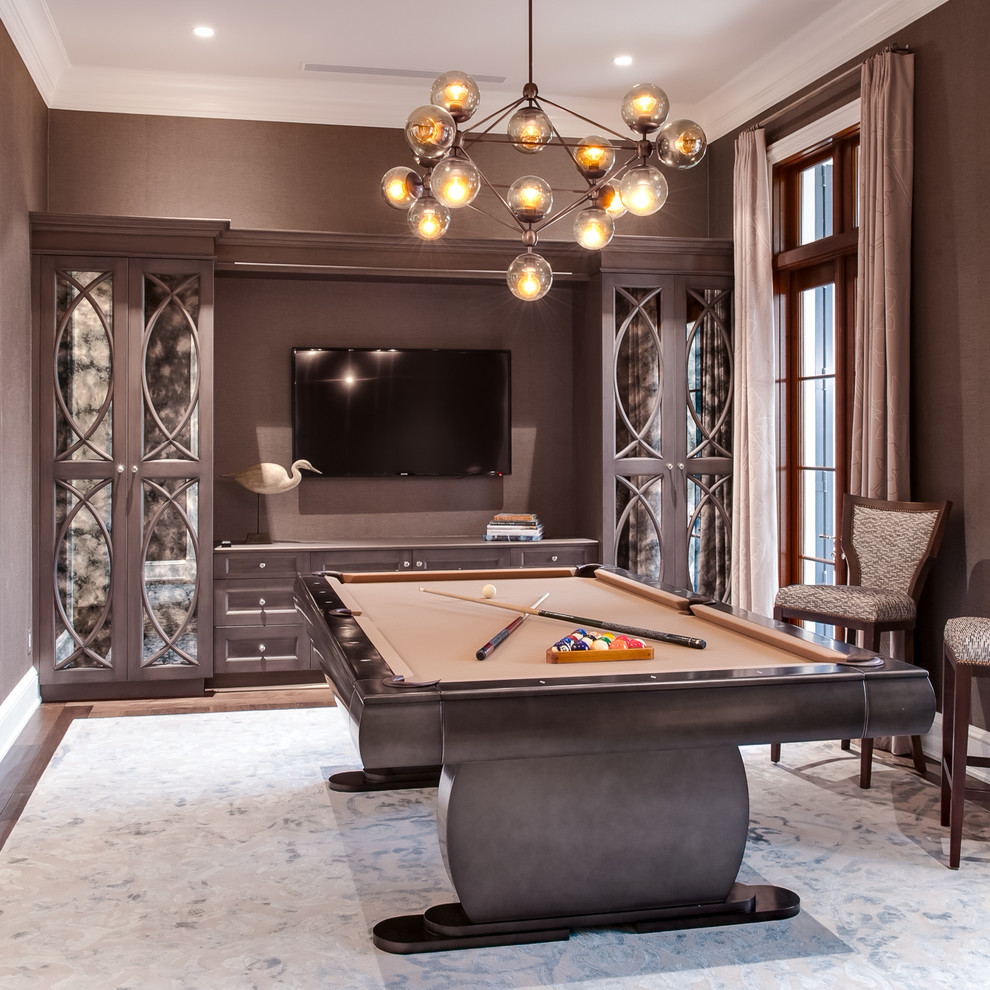 This is an example of a medium sized traditional enclosed games room in Miami with brown walls, dark hardwood flooring, no fireplace, a wall mounted tv and brown floors.