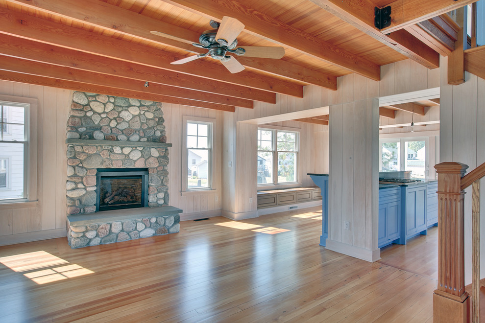 Example of a mid-sized classic open concept light wood floor family room design in New York with beige walls, a standard fireplace and a stone fireplace
