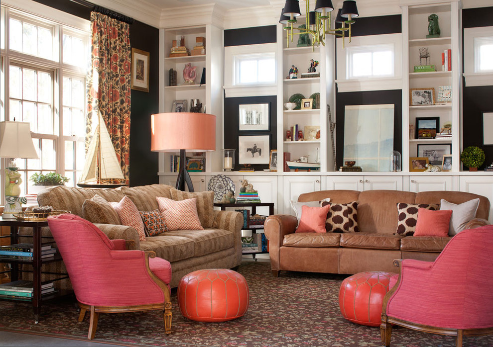 Family room - traditional family room idea in Denver with black walls