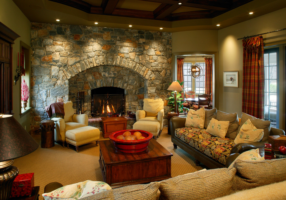Example of a large classic enclosed carpeted and yellow floor family room design in Other with a standard fireplace, a stone fireplace, yellow walls and no tv