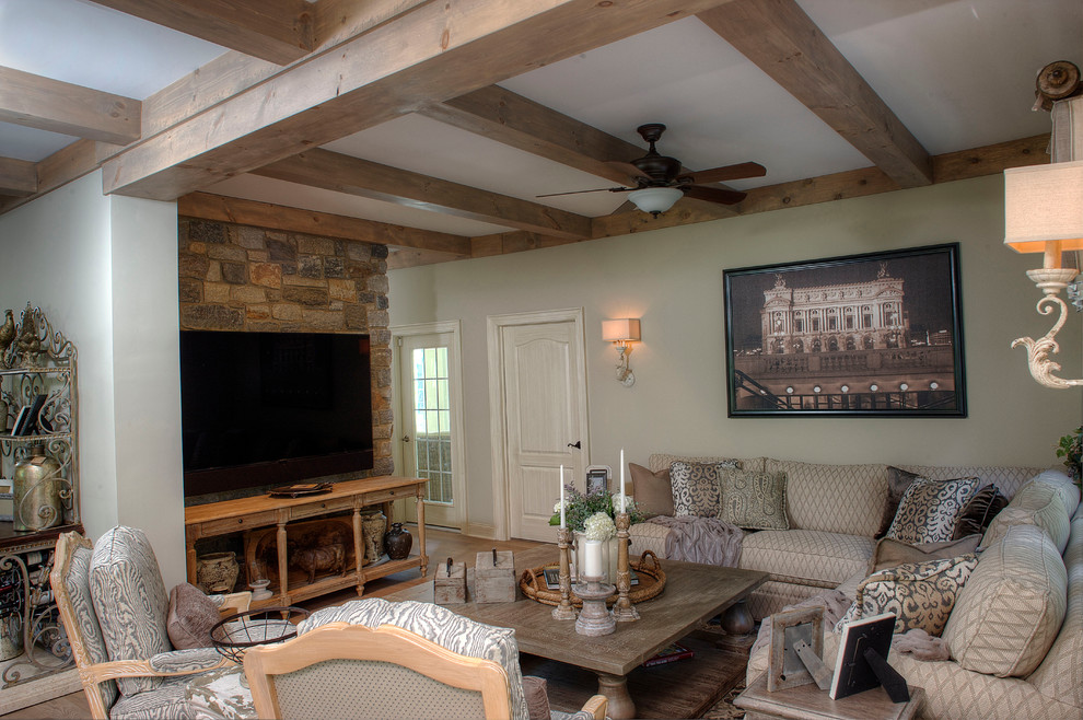 Large farmhouse open concept carpeted family room photo in Philadelphia with beige walls, no fireplace and a tv stand