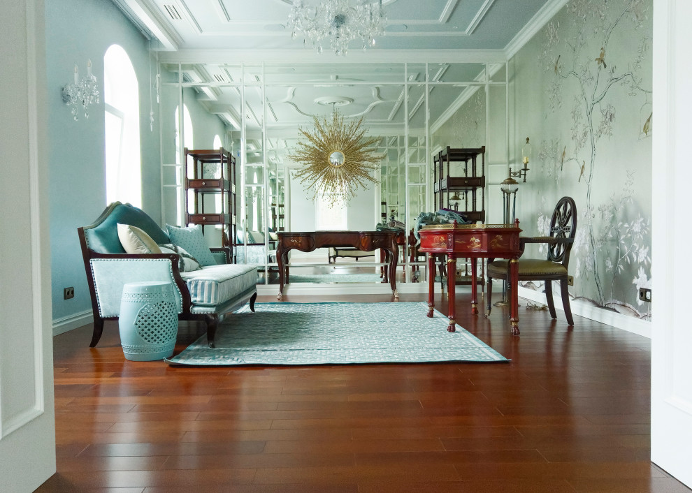 Esempio di un ampio soggiorno vittoriano aperto con libreria, pareti bianche, parquet scuro e pavimento marrone