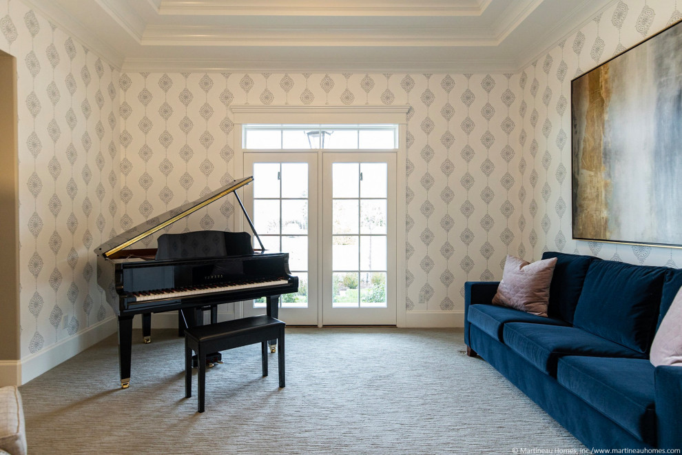 Inspiration för ett stort vintage allrum med öppen planlösning, med ett musikrum, flerfärgade väggar, heltäckningsmatta och grått golv
