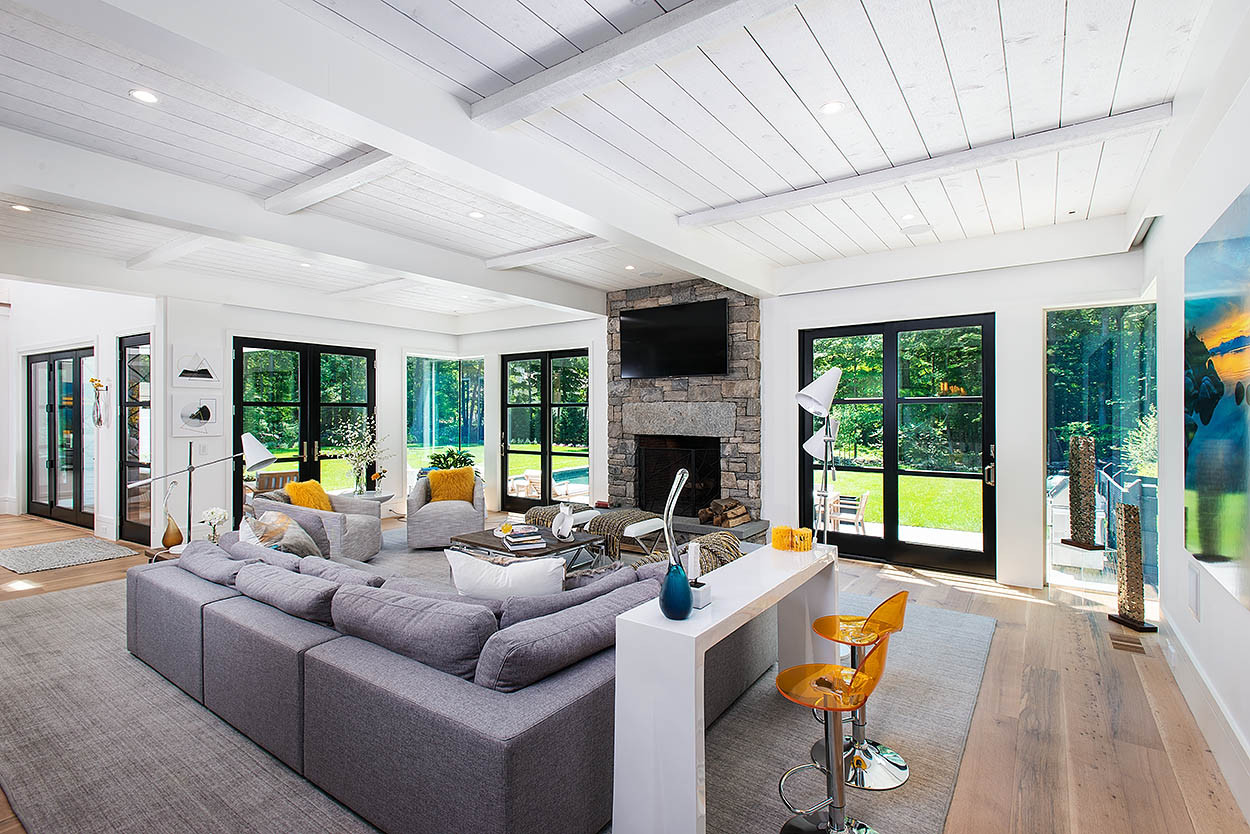White Shiplap Ceiling With Beams Shelly Lighting