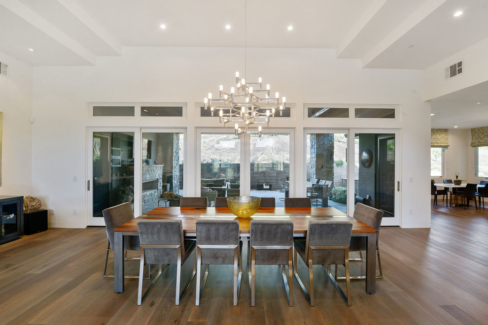 Design ideas for an expansive classic dining room in San Francisco with white walls, light hardwood flooring, a ribbon fireplace, a metal fireplace surround and beige floors.