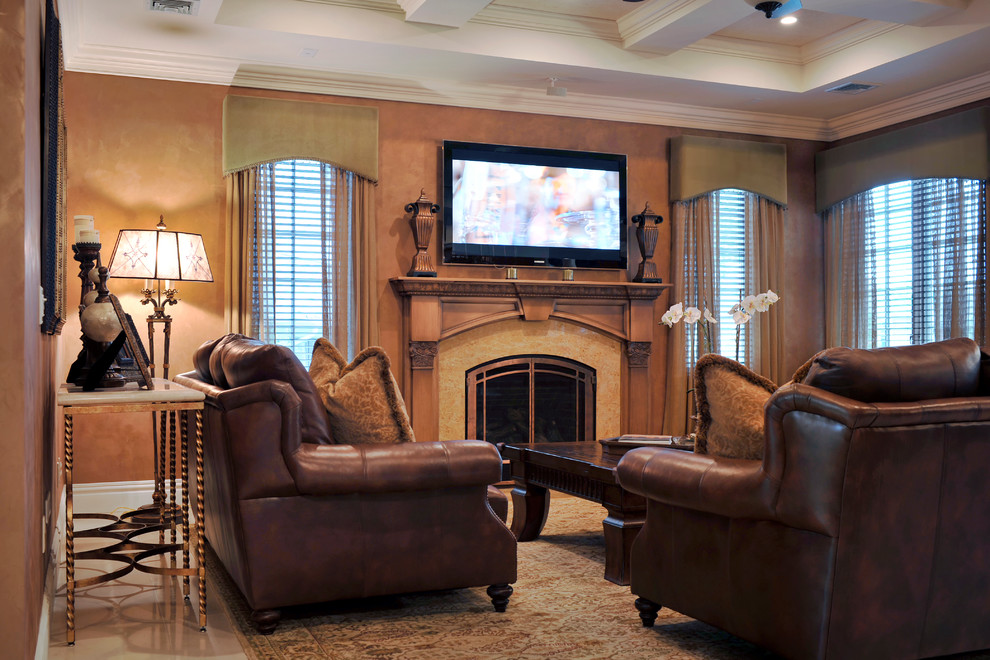 Example of a large classic loft-style dark wood floor family room design in New York with brown walls, a stone fireplace, a wall-mounted tv and a standard fireplace